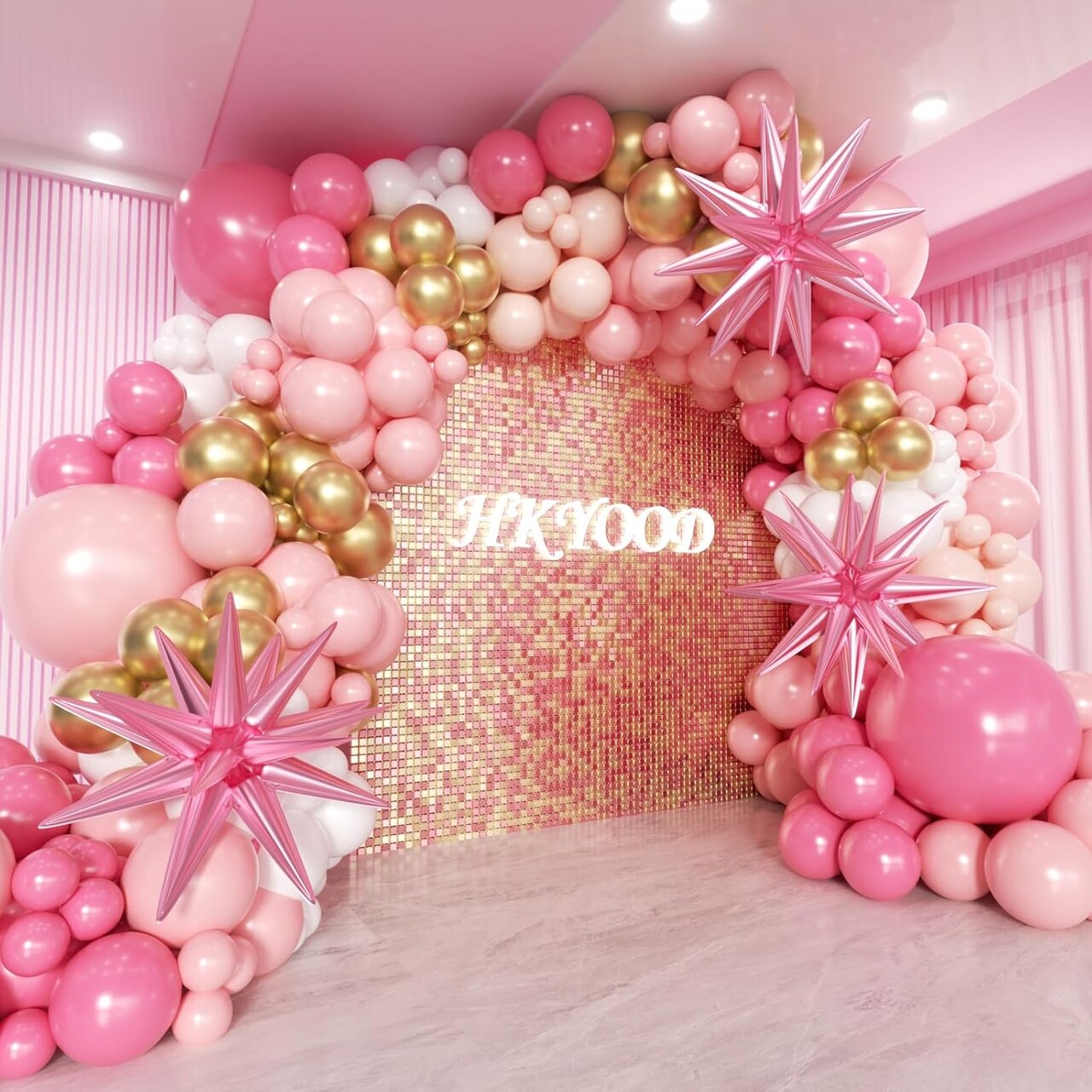 172Pcs Pink Balloon Garland Arch Kit - Pink Party Decorations with Pastel Macaron Pink White Gold and Starburst Foil Balloons for Birthday Baby Bridal Shower Wedding Valentine's Decorations